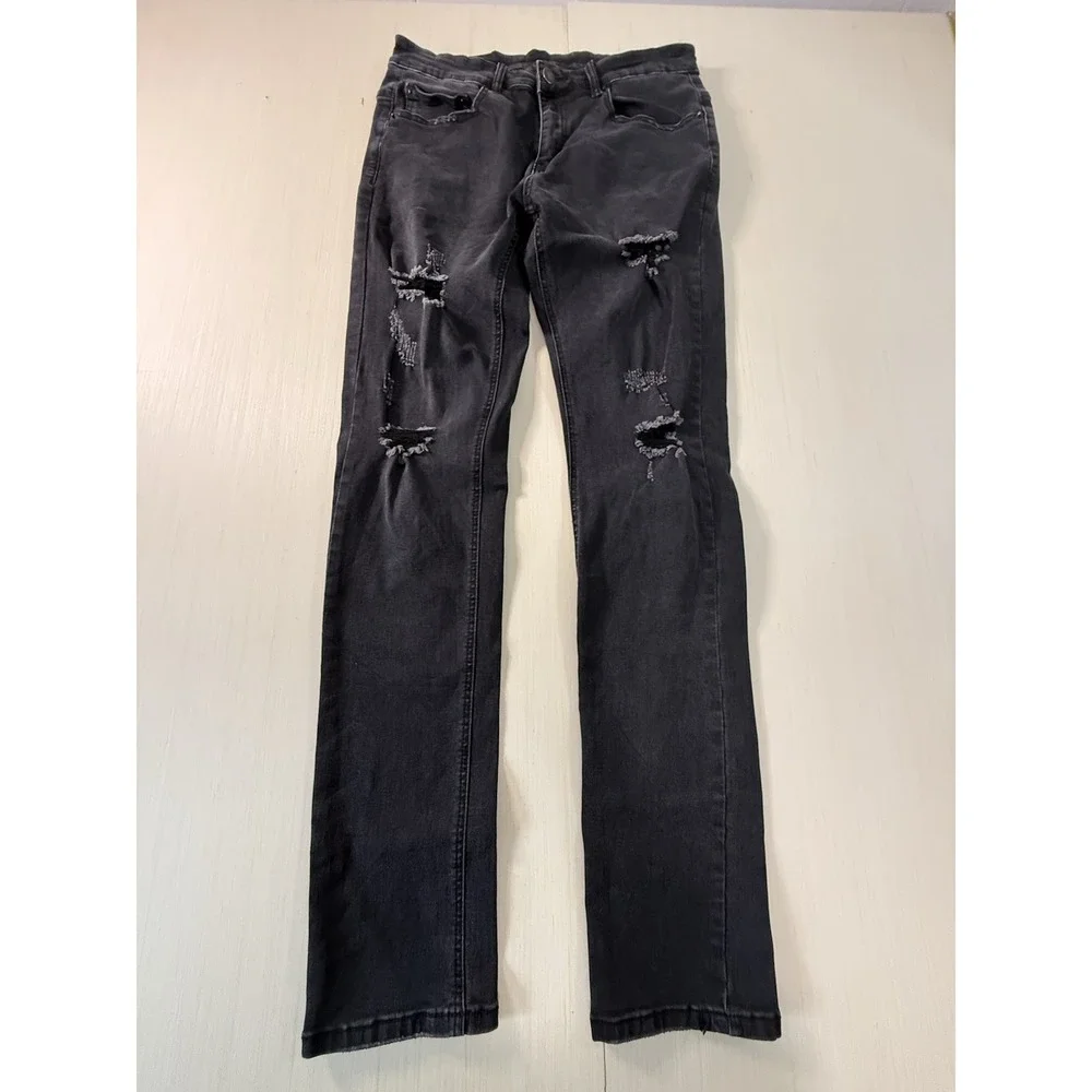RECKLESS Men's Distressed Slim Straight Jeans Black Denim 5-Pocket Button Zip